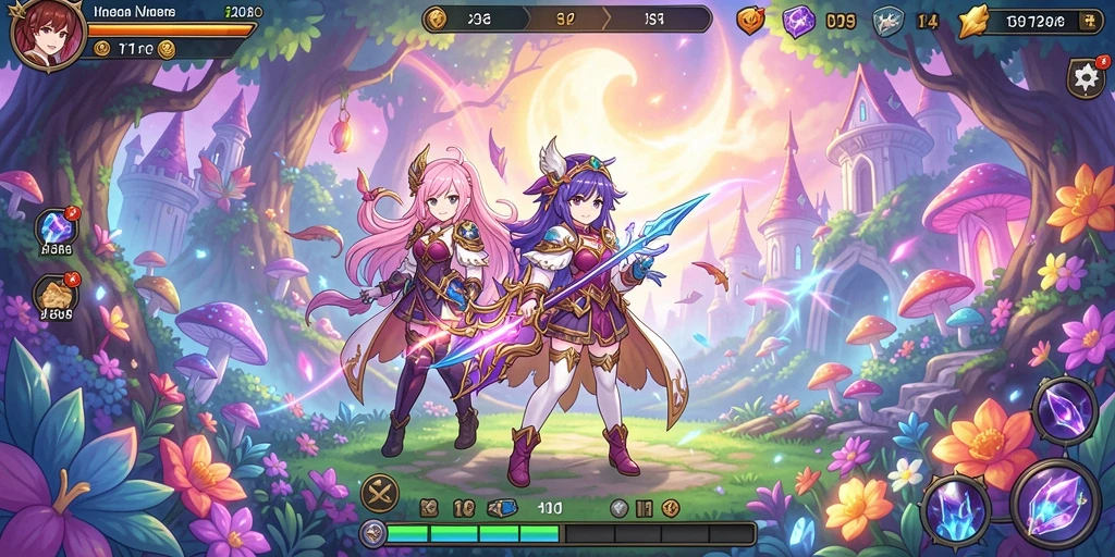 Screenshot menunjukkan dunia fantasi yang indah dan berwarna-warni.